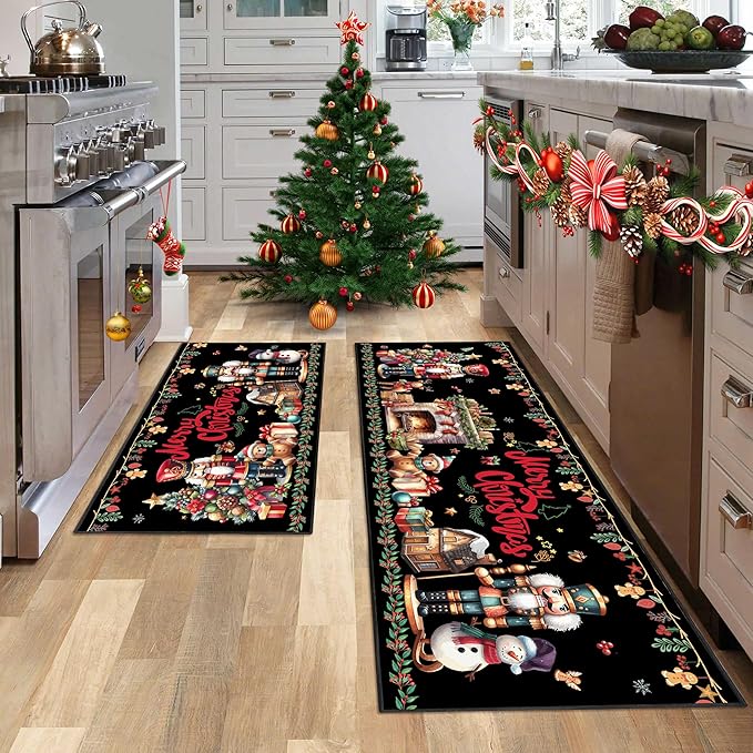 2 Piece Christmas Nutcracker Themed Kitchen Rug Set, Soft and Absorbent Non-Slip Kitchen Floor Mats, Winter Merry Christmas Decor 17x30+17x47 Inches