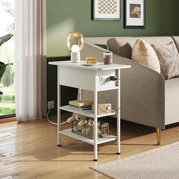 WLIVE End Table with Charging Station, Flip Top Side Table with Storage Shelf, Sofa Couch Table with USB Ports and Outlets, Narrow Bedside Table for Living Room, Bedroom ,11.81"D x 23.62"W x 24.33"H