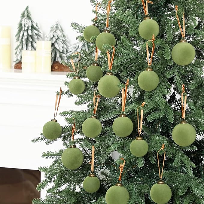 36 Pcs Velvet Christmas Balls Bulk - Flocked Christmas Tree Ball Ornaments Hanging Decoration for Xmas Tree, Wreath, Home or Party Decorations, 2.36", 2.76", 3.15" (Green)