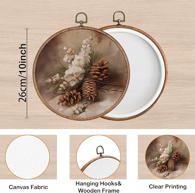 KSDUT Vintage Christmas Wall Decor Art - Retro Pine Cone Christmas Wall Art Canvas Frame Hanging Prints, Merry Xmas Holiday Round Wall Art Decor for Home Farmhouse Decorations 10"x10"