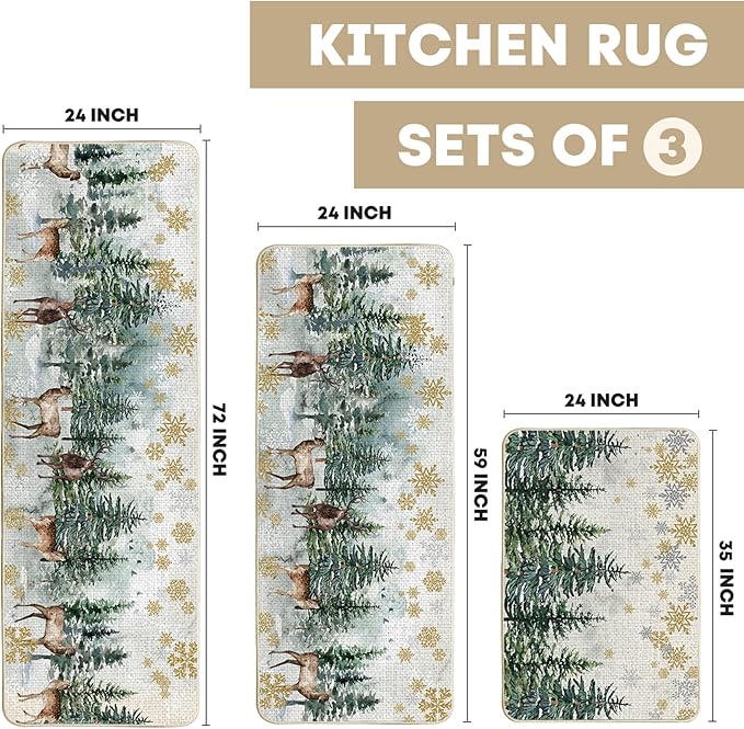 Artoid Mode Xmas Trees Deer Snowflakes Christmas Kitchen Mats Set of 2, Winter Home Decor Low-Profile Kitchen Rugs for Floor - 24"x36"+24"x59"+24"x72"