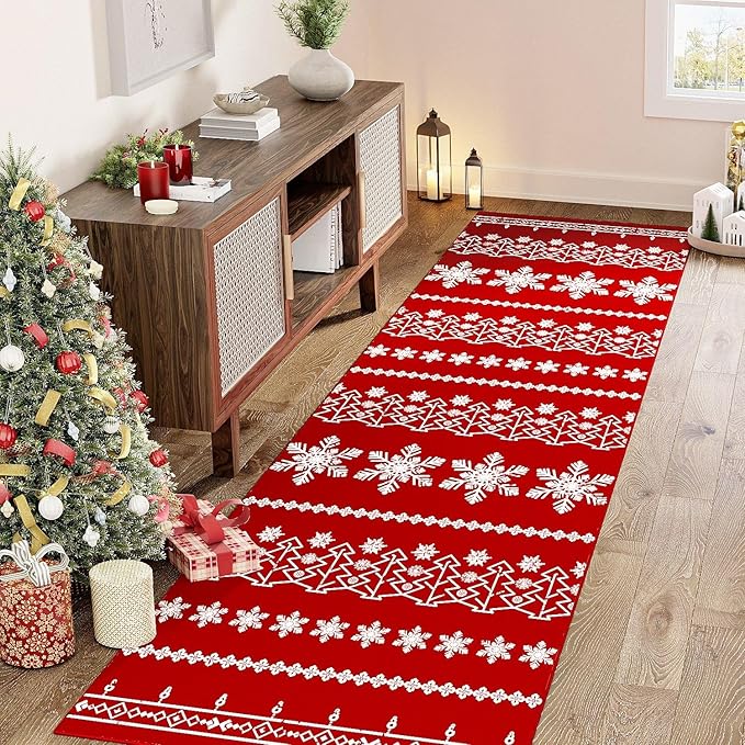 Christmas Runner Rug 3x8 Red Washable Carpet Xmas Snowflake Holiday Decor Kitchen Non Slip Soft Low Pile Long Carpet Indoor Throw Rug Laundry Room Living Room Bedroom Dining Room