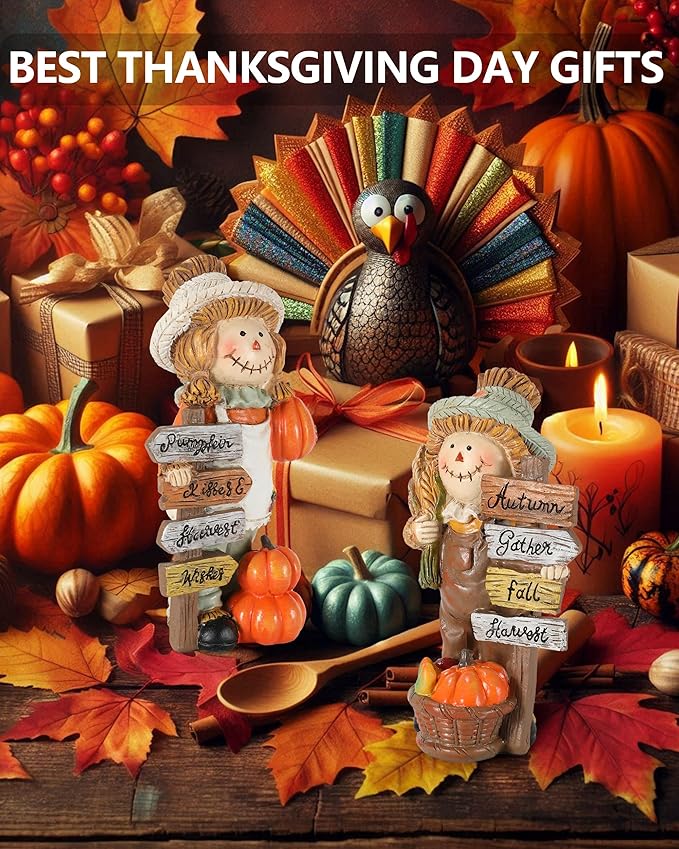 2-Pack Thanksgiving Scarecrow Figurines with Inspirational Autumn Plaques - Durable Resin 5.5'' Thanksgiving Table Decor - Fall Decorations Indoor Outdoor Harvest Gifts (Scarecrows)