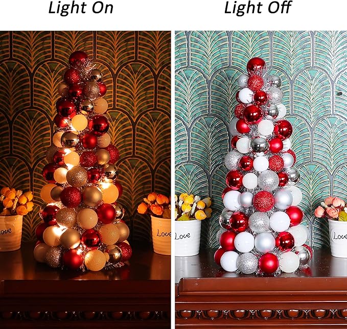 Amooca 16in Christmas Ball Tree with LED Lights Table Centerpiece Fireplace Decor Indoor Holiday Party Home Decoration Red White Silver