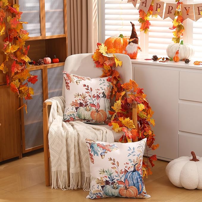 DFXSZ Fall Pillow Covers 20x20 inch Set of 2 Blue and Green Watercolor Pumpkin Fallen Leaves Decorative Throw Pillow Covers Autumn Thanksgiving Farmhouse Decoration for Home Couch TH27-E20