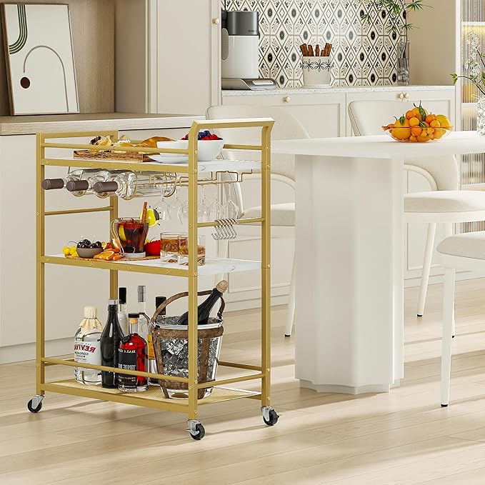 3 Tier Bar Cart, Home Bar Serving Cart with Wheels, Small Rolling Beverage Cart with Glass Holders, Mini Drink Cart with Wine Rack for Kitchen Dining Living Room Gold GBC507G