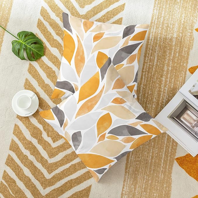 CaliTime Throw Pillow Cases Pack of 2 Cozy Fleece Falling Dahlia Floral Flowers Petals Decorative Cushion Covers for Couch Bed Sofa Farmhouse Decoration 18 X 18 Inches Orange Gold Grey