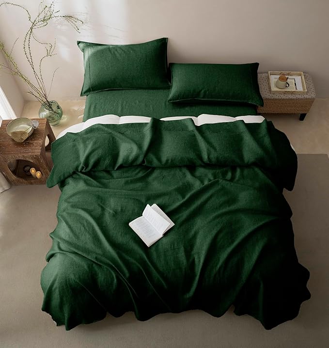 Talasily 100% French Pure Linen Sheets Set Full Size,Oeko-TEX Certified Bedding, All-Season Breathable for Hot Sleepers,16 Inch Deep Pocket Machine Washable 4-Piece (Forest Green)