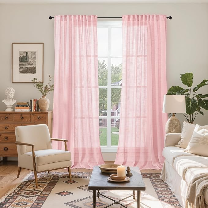 YoungsTex Light Pink Linen Semi Sheer Curtains 84 Inch Length for Living Room, Light Filtering Window Treatments Textured with Rod Pocket Back Tab for Girl Kids Bedroom, 2 Panels, 52 X 84 Inch