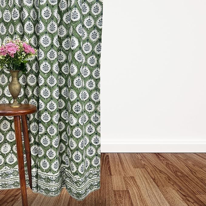 ATOSII 100% Cotton Single Panel Floral Block Print Curtain, Easy Hanging with Rod Pocket & Loop, Living Room, Dining Room, Bedroom Light Filtering Boho Curtains, Set of 1, 60" W X 96" L, Kari Green