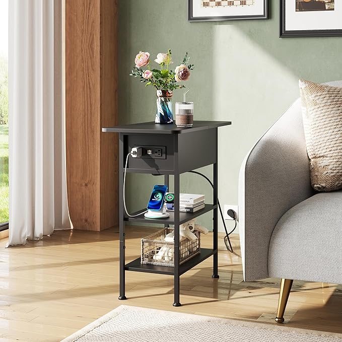 WLIVE End Table with Charging Station, Flip Top Side Table with Storage Shelf, Sofa Couch Table with USB Ports and Outlets, Narrow Bedside Table for Living Room, Bedroom ,11.81"D x 23.62"W x 24.33"H