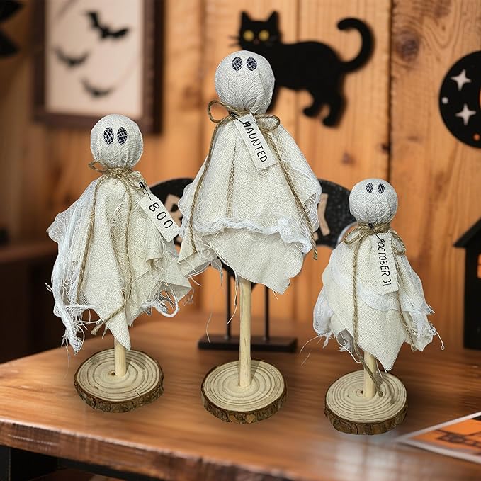 Halloween Ghost Decor - 3PCS Primitive Wooden Ghost Kit for Farmhouse Table Centerpieces Shelf Mantel Kitchen Decor