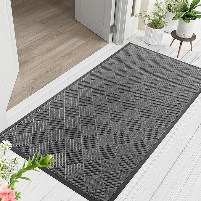 Indoor Outdoor Door Mat, 5’x 3' Doormat for Entryway, Rubber Backing Non Slip Front Door Mat Outside Entrance, Super Absorbent Commercial Floor Mat for Home Office, Gray