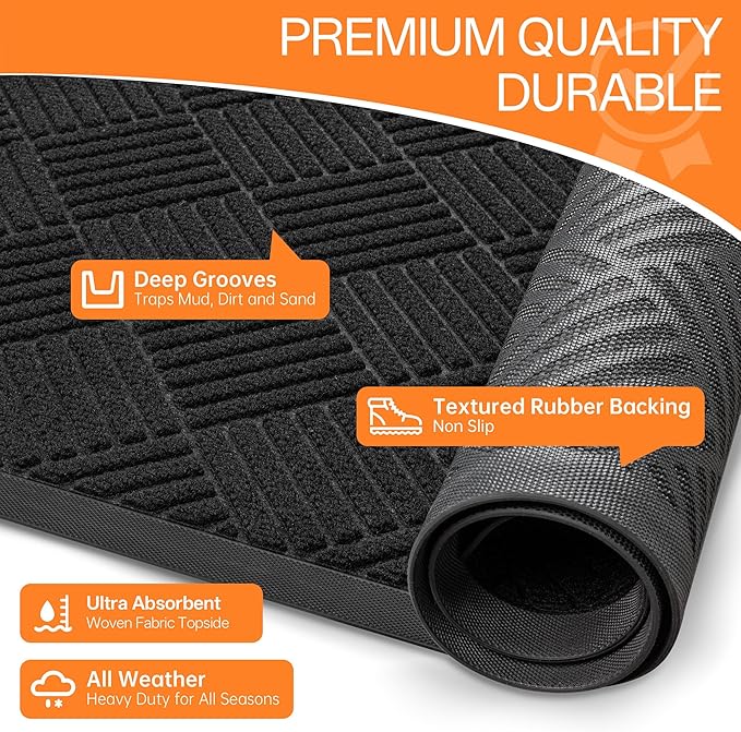 Indoor Outdoor Door Mat, 5’x 3' Doormat for Entryway, Rubber Backing Non Slip Front Door Mat Outside Entrance, Super Absorbent Commercial Floor Mat for Home Office, Black