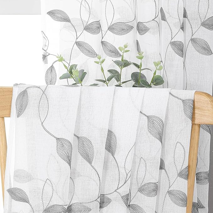 Tollpiz Grey Leaf Sheer Curtains Leaves Embroidered Bedroom Curtain Rod Pocket Voile Window Treatment for Living Room, 54 x 84 inches Long, Set of 2 Panels