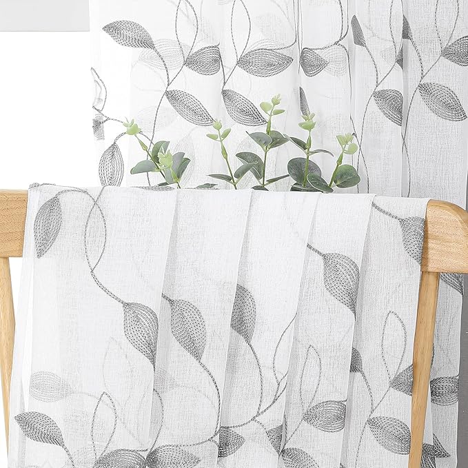 Tollpiz Grey Leaf Sheer Curtain Leaves Embroidered Bedroom Curtains Rod Pocket Voile Window Treatments for Living Room, 38 x 63 inches Long, Set of 2 Panels