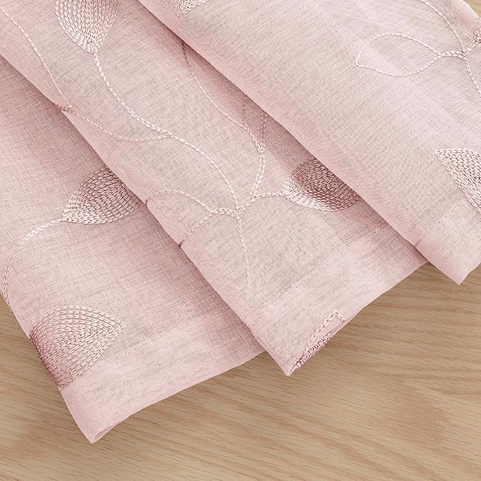 HOMEIDEAS Blush Pink Sheer Kitchen Curtains 52 x 54 Inch Length 2 Panels Embroidered Leaf Pattern Short Curtains for Bedroom Half Small Bathroom Window Rod Pocket Tiers