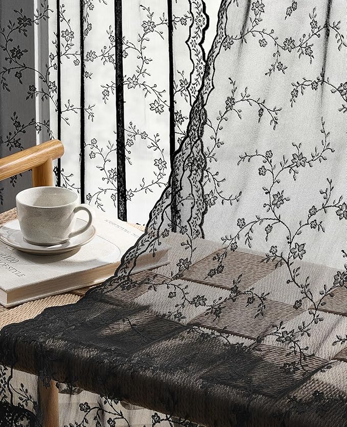 Black Lace Curtains 84 Inches Long, Vintage Floral Light Filtering Sheer Halloween Curtains for Living Room & Bedroom, Rod Pocket, 2 Panels Set, Branch Pattern (Black, 52" W x 84" L)