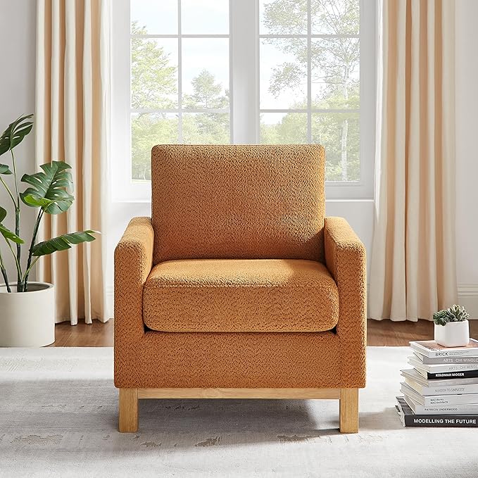 VANOMi Accent Chair 29.5" Reading Chair, Modern Living Room Chair with Thick Cushion&Wood Base, Comfy Upholstered Boucle Armchair, Single Sofa for Bedroom, Office, Curry