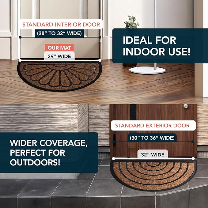 ubdyo Front Door Mat - Low Pile Front Half Circle Door Mat Outside Entrance - Muddy Dirt Trapping Welcome Matt Outdoor - Rubber Backing Anti Slip Indoor Doormat Entrance, 29" x 17", Bright Brown