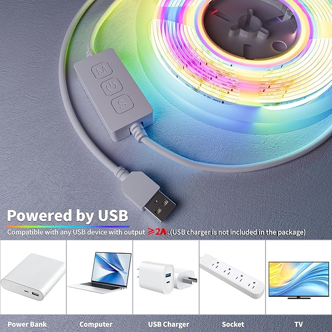 MIWISE RGB Smart IC COB LED Strip Lights, USB LED Strip Light Addressable, Color Changing with Music Sync, Multiple Colors App Control, Works with Alexa and Google for TV, Bedroom, Cabinet, 9.84ft