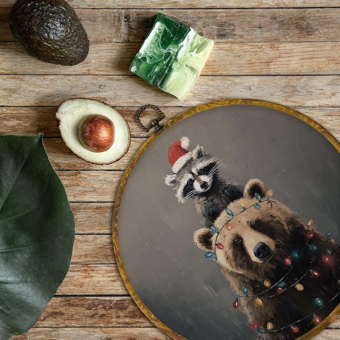 QZQE Christmas Raccoon Bear Round Wall Art Decor Framed, Christmas Holiday Circle Canvas Prints, Rustic Winter Xmas Animals Circular Wall Hanging Decor for Home Bedroom Nursery Room, 10x10 Inch