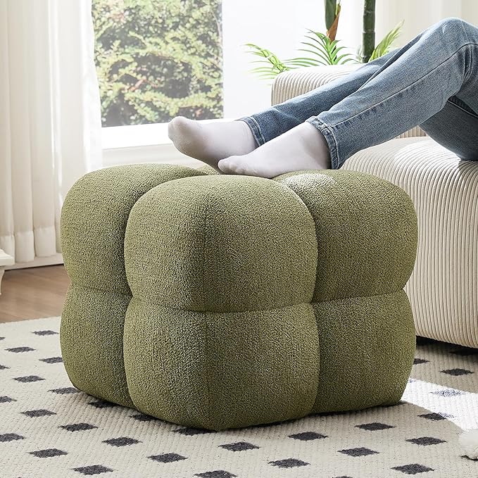 ONEVOG Olive Green Modern Ottoman, 21" Square Fuzzy Couch Sherpa Pouf Ottoman, Tufted Cute Boucle Fabric Foot Stools, Upholsered Footrest & Coffee Table & Vanity Chair for Living Room Bedroom, Dorm