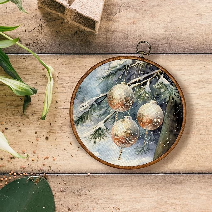 KSDUT Christmas Wall Decor Art - Winter Woodland Xmas Wall Art Canvas Frame Hanging Prints, Vintage Pine Tree Holiday Landscape Round Wall Art Decor for Home Farmhouse Decorations 10"x10"