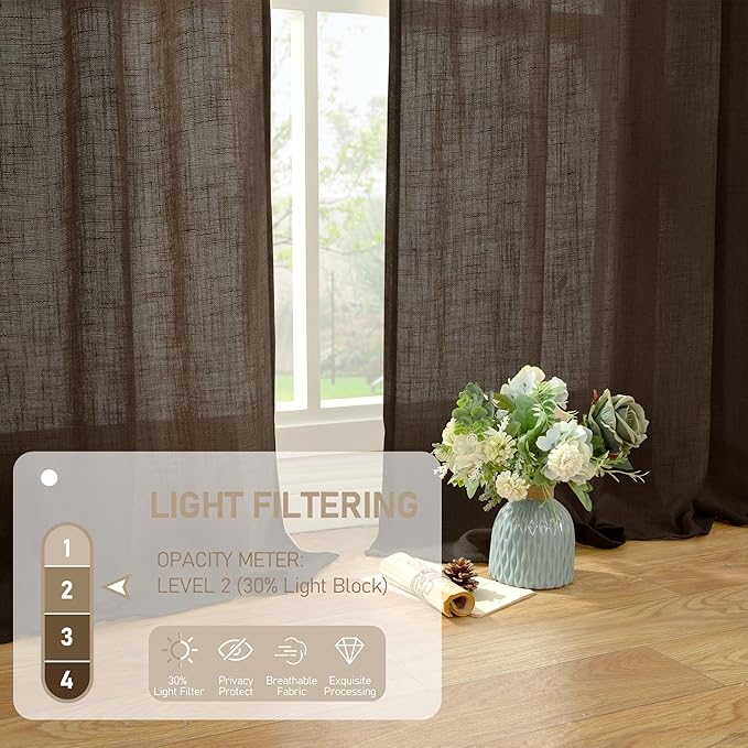 LAMIT Linen Curtains 45 Inch Length 2 Panels, Light Filtering Panels Back Tab and Rod Pocket Neutral Drapes for Kitchen/Window/Loft Room/Bedroom, 34 x 45 Inch Dark Brown