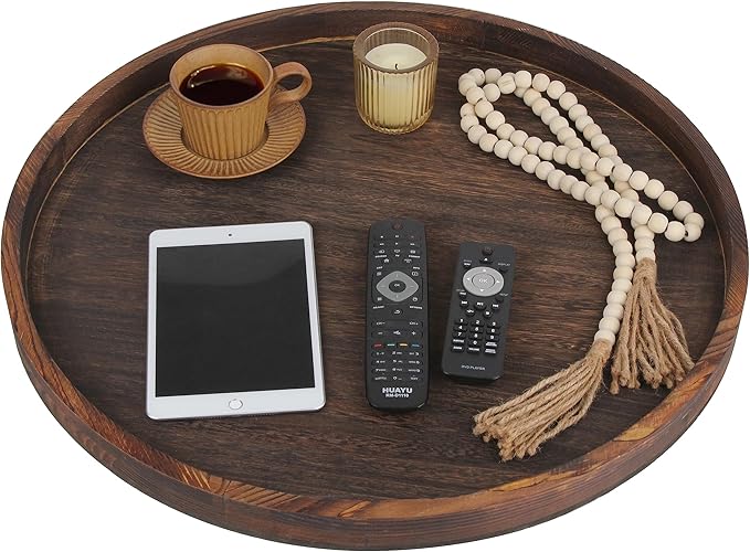 Extra Large Round Ottoman Table Tray Round-24 - Rustic Wooden Serving Tray for Farmhouse Decorative Oversized Coffee Table Trays Living Room Kitchen Counter Breakfast Brown