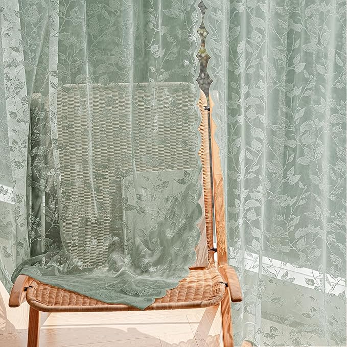 Sage Green Lace Sheer Curtains 63 Inch Length – Vintage Leaf Pattern for Living Room/Bedroom, Light Filtering Rod Pocket Drapes, Privacy Chic Window Treatments, 52W x 63L Inch, 2 Panels
