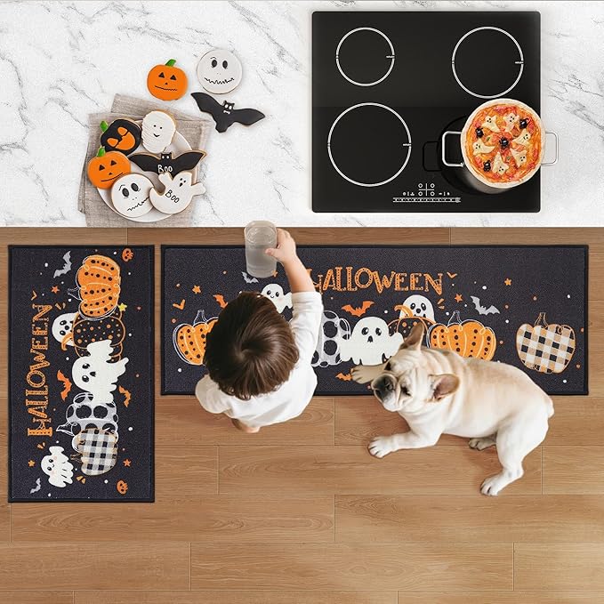 JSEI Halloween Holiday Kitchen Mats for Floor, Non-Slip Ghost and Pumpkins Decorative Kitchen Rugs Set of 2, Home Decor Low-Profile Kitchen Runner Rug Washable, 17"x30"+17"x48", Pumpkins Party Pattern