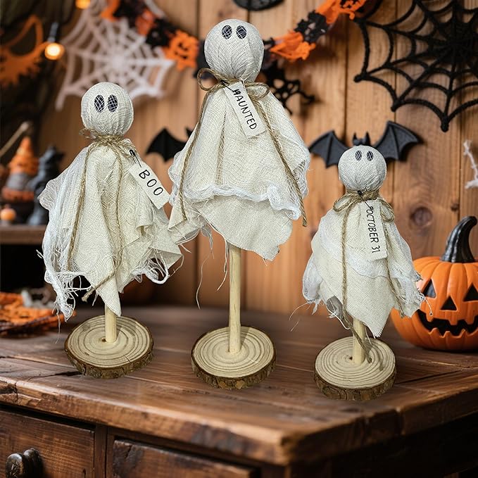 Halloween Ghost Decor - 3PCS Primitive Wooden Ghost Kit for Farmhouse Table Centerpieces Shelf Mantel Kitchen Decor