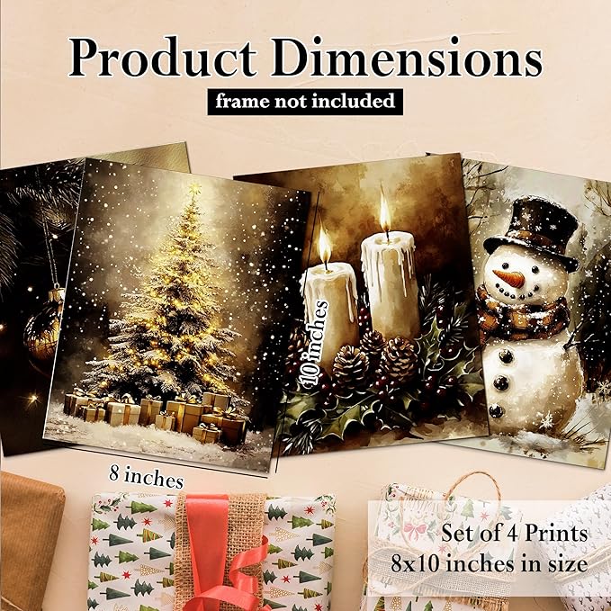 DOFQZ Vintage Christmas Wall Art Prints Set of 4, Farmhouse Christmas Decor, Moody Rustic Xmas Tree Gold Bauble Ball Candle Snowman Posters for Home Living Room Decor, 8x10 Unframed