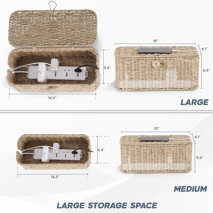 2-Pack Large Cable Management Box, Natural Rattan Cable Cord Organizer Boxes for Power Strip β 2 Open Slots Cords Hider Box for TV Wires, Computer, Router, USB Hub and Under Desk Power Strip