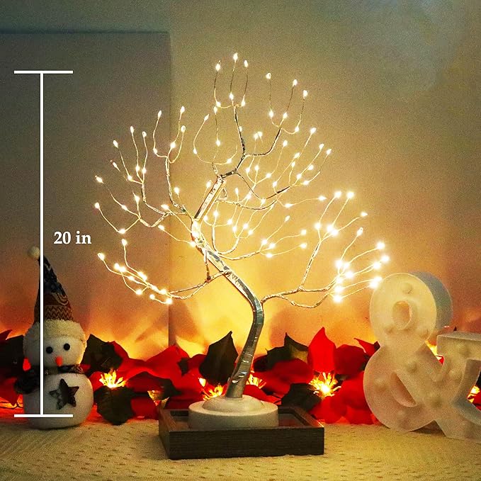 FUCHSUN 108 LED Tabletop Bonsai Tree Light Warm White Fairy Lamp with Timer 8 Modes Battery/USB Powered for Living Room Bedroom Home Christmas Decoration (Silver Branches)