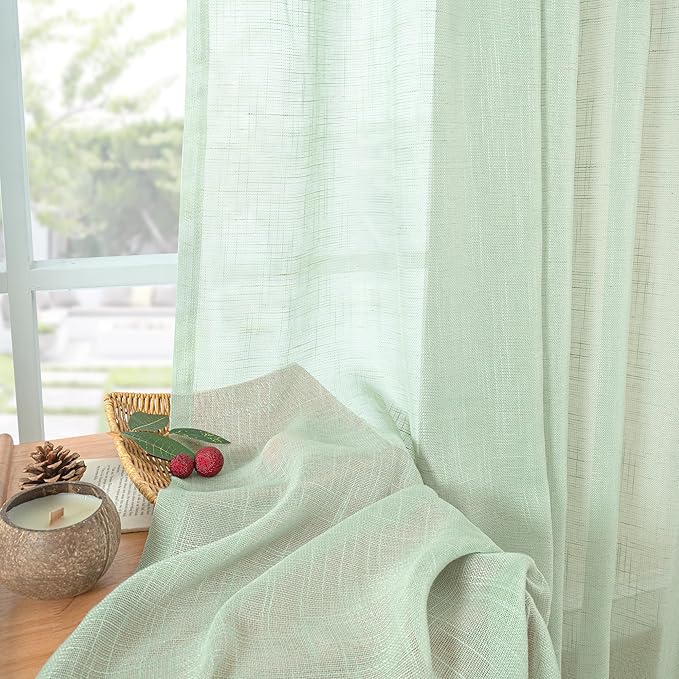 YoungsTex Sage Green Linen Semi Sheer Curtains 84 Inch Length for Living Room, Rustic Light Filtering Window Treatments Textured with Rod Pocket Back Tab for Bedroom Dining, 2 Panels, 52 X 84 Inch