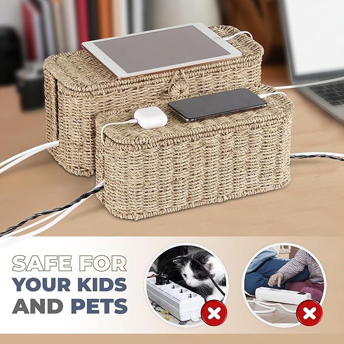 2-Pack Large Cable Management Box, Natural Rattan Cable Cord Organizer Boxes for Power Strip β 2 Open Slots Cords Hider Box for TV Wires, Computer, Router, USB Hub and Under Desk Power Strip