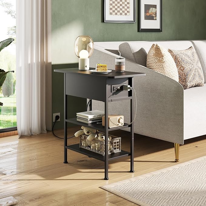 WLIVE End Table with Charging Station, Flip Top Side Table with Storage Shelf, Sofa Couch Table with USB Ports and Outlets, Narrow Bedside Table for Living Room, Bedroom ,11.81"D x 23.62"W x 24.33"H