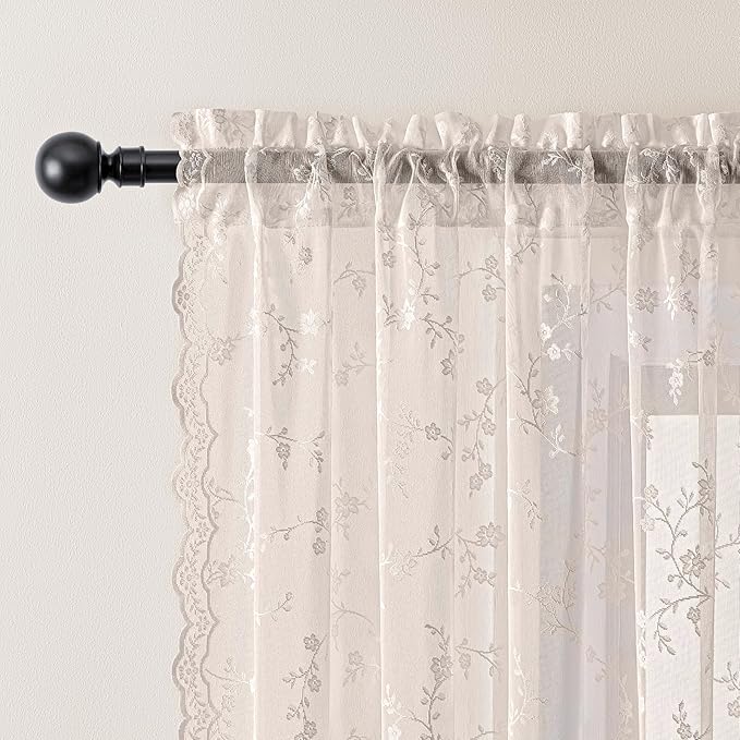 Sheer Lace Curtains 72 Inches Long, Vintage Floral Light Filtering Blush Pink Lace Curtains for Living Room & Bedroom, Rod Pocket, 2 Panels Set, Branch Pattern (Blush Pink, 52" W x 72" L)
