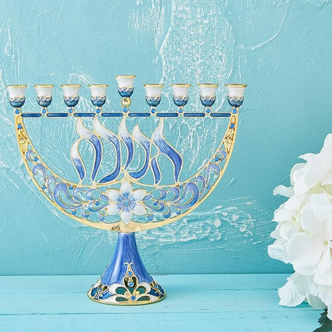 Matashi Hand Painted Enamel Menorah Candelabra with Flower and Hanukkah Design with Gold Accents and Crystals Jewish Candle Holder Hanukkah Gift Housewarming Present Showpiece for Living Room