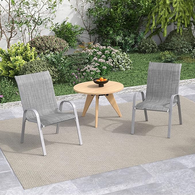 Amopatio Patio Chairs Set of 2, Outdoor Stackable Dining Chairs for All Weather, Comfortable Breathable Garden Outdoor Furniture for Backyard Deck, Grey & White