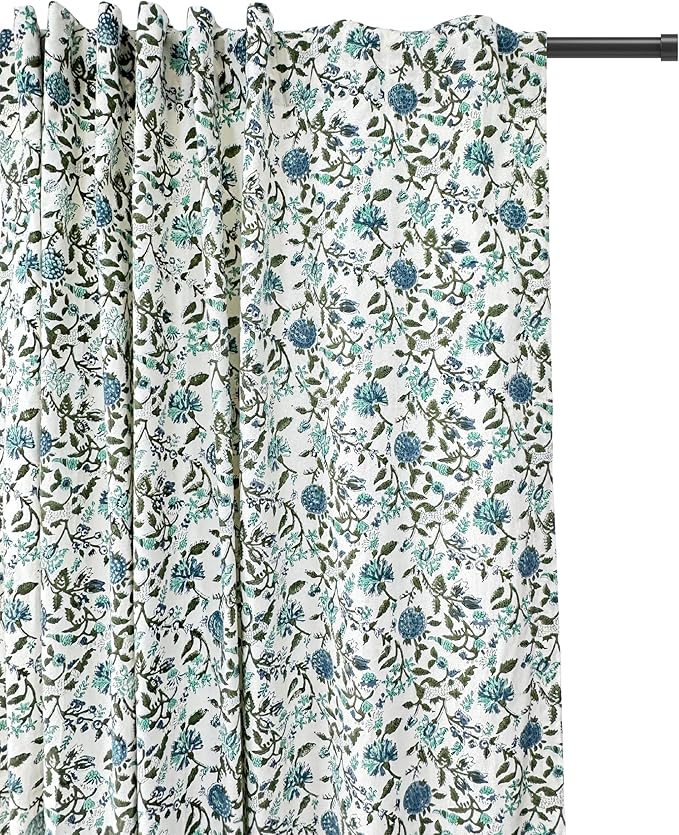 ATOSII 100% Cotton Single Panel Block Print Curtain, Easy Hanging with Rod Pocket & Loop, Living Room, Dining Room, Bedroom Light Filtering Boho Curtains, Set of 1, 60" W X 108" L, Mahoka Blue