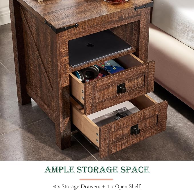 RedLemon Farmhouse Nightstand with Charging Station, Rustic 18 Inch End Table with 2 Storage Drawers and Open Shelf, Wood Sofa Side Table for Bedroom, Living Room (Reclaimed Barnwood)