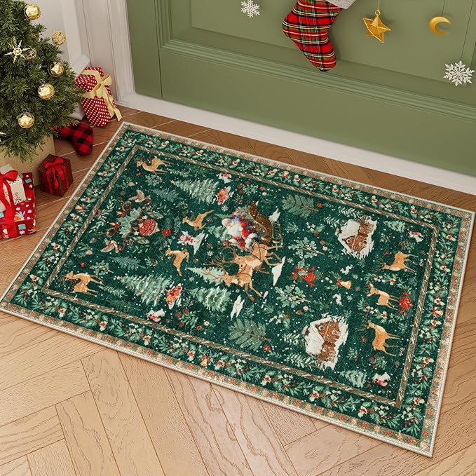 Lahome Indoor Christmas Rug 2x3 Small Kitchen Bathroom Rugs for Entryway,Washable Soft Non-Slip Christmas Tree Santa Claus Area Rug,Door Mat for Winter Living Room Bedroom Holiday Decor(2x3,Green)