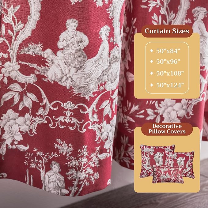 Maison d' Hermine Curtains for Living Room 100% Cotton 108 inch Length One Panel Light Filtering Toile Curtains for Bedroom Windows with Rod and Loop Pockets Drapes (Joli Jouy Red, 50" W x 108" L)