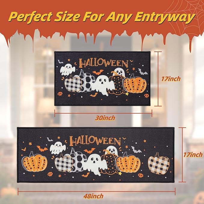 JSEI Halloween Holiday Kitchen Mats for Floor, Non-Slip Ghost and Pumpkins Decorative Kitchen Rugs Set of 2, Home Decor Low-Profile Kitchen Runner Rug Washable, 17"x30"+17"x48", Pumpkins Party Pattern