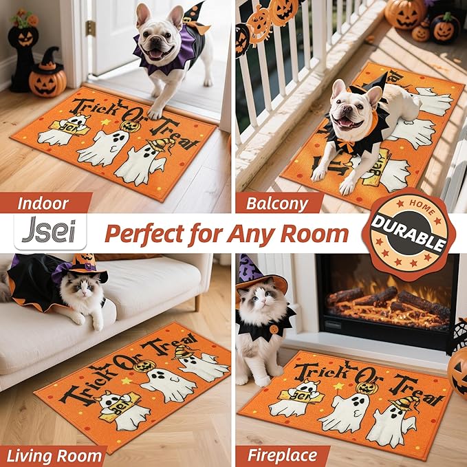 JSEI Halloween Holiday Doormat, 17''x30'' Non-Slip Ghost and Pumpkins Decorative Welcome Mats for Floor, Low-Profile Entryway Rugs Washable, Flying Ghosts Pattern