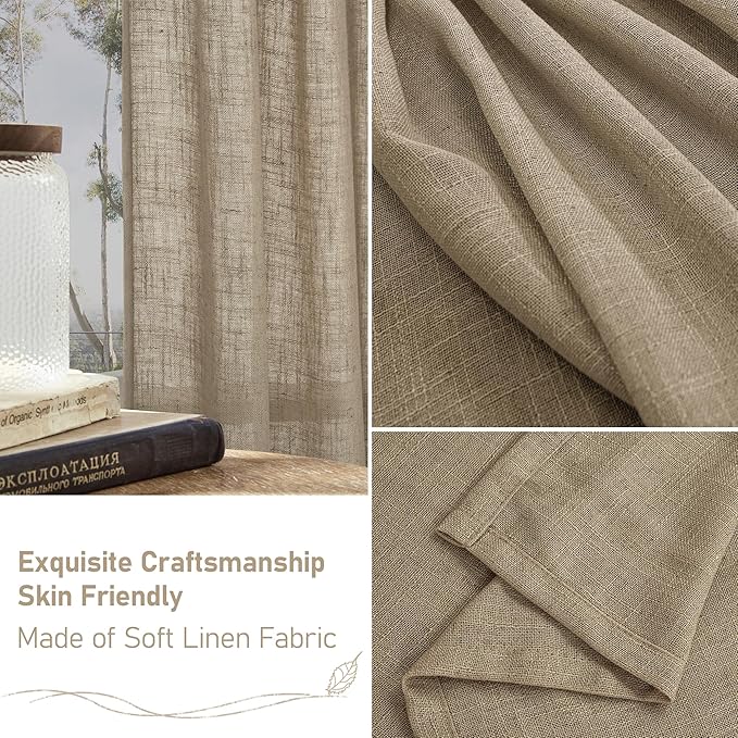 LAMIT Taupe Linen Curtains 90 Inch for Living Room, Back Tab and Rod Pocket Linen Textured Farmhouse Curtains Light Filtering Drapes for Bedroom/Dining Room, Set of 2, 52 x 90 Inch