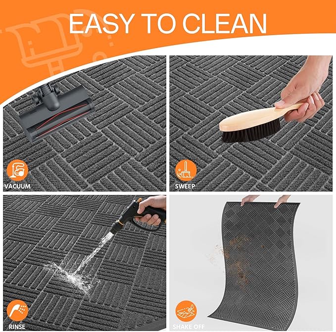 Indoor Outdoor Door Mat, 5’x 3' Doormat for Entryway, Rubber Backing Non Slip Front Door Mat Outside Entrance, Super Absorbent Commercial Floor Mat for Home Office, Gray